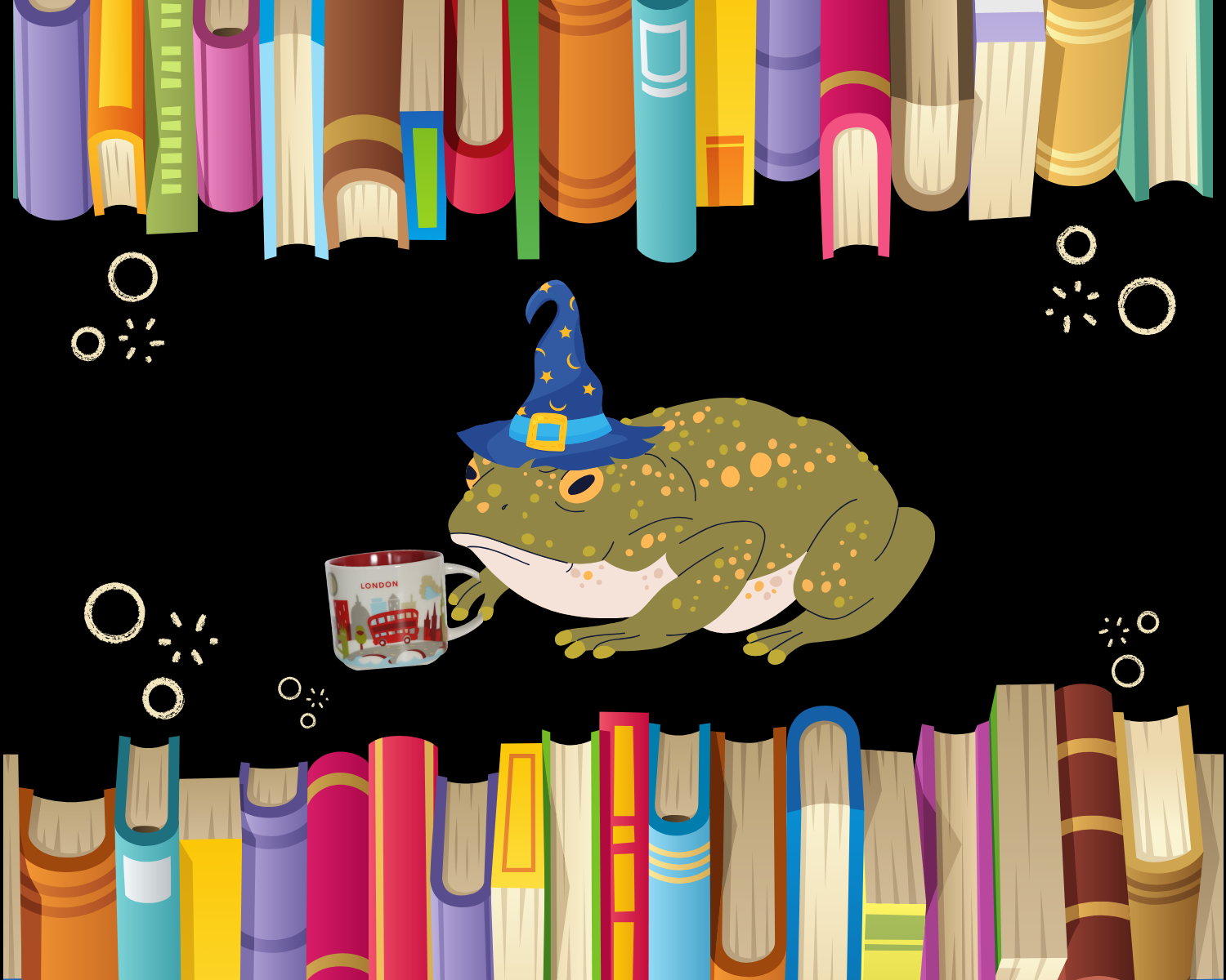 Picture of a toad wearing a wizard hat, drinking tea, surrounded by books.