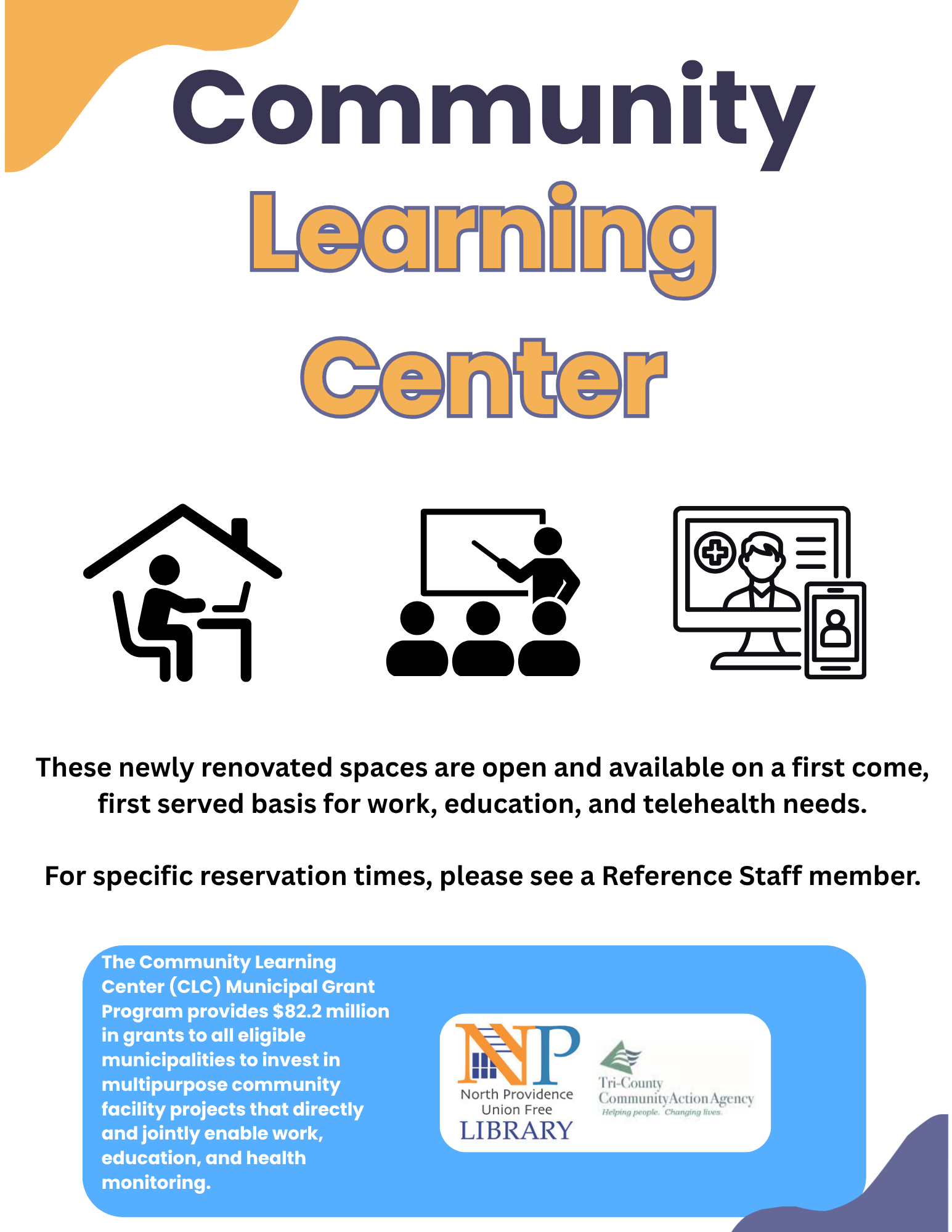 Community Learning Center with icons for learning, work, and health