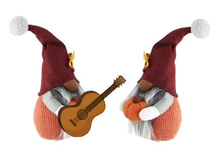 Two gnomes dressed in fall attire, one holding a guitar and one holding a pumpkin.