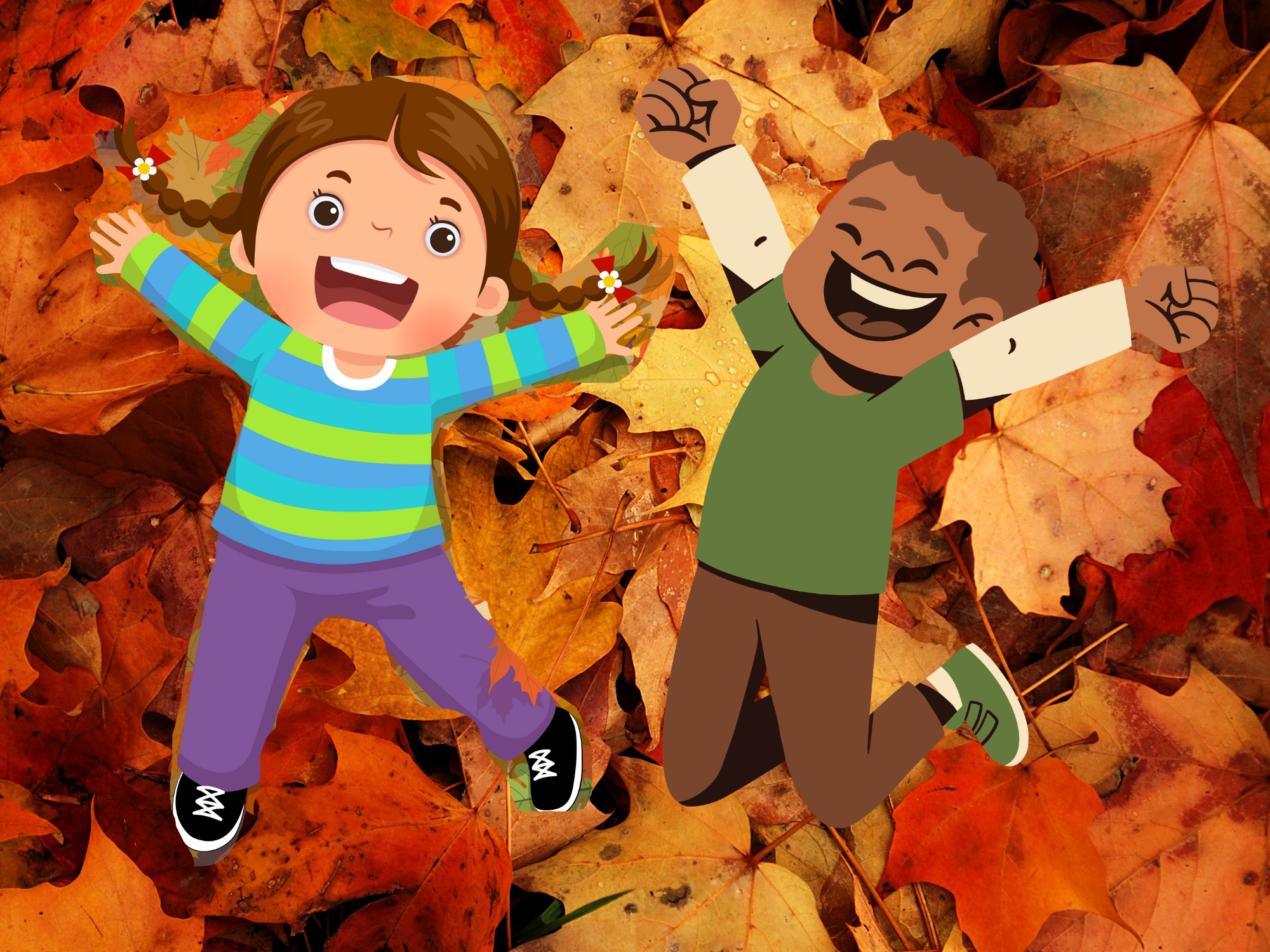 Picture of two kids jumping in leaves.