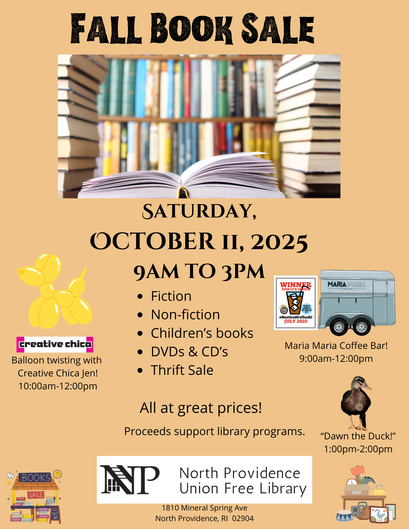 Fall book sale. Saturday October 11th. 9:00am until 3:00pm. Image of books on a library shelf.