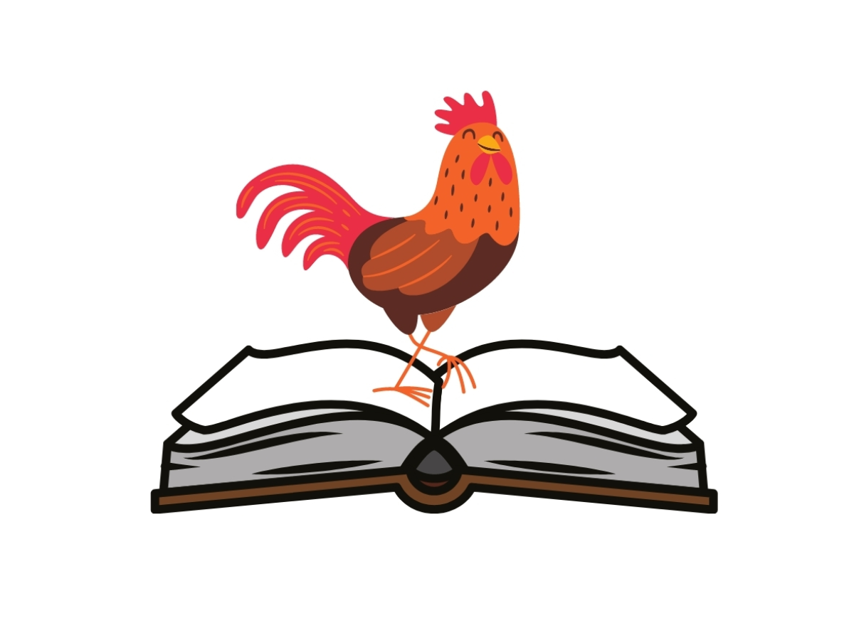 picture of a rooster sitting on a book, the Rooster Games Book Club logo.