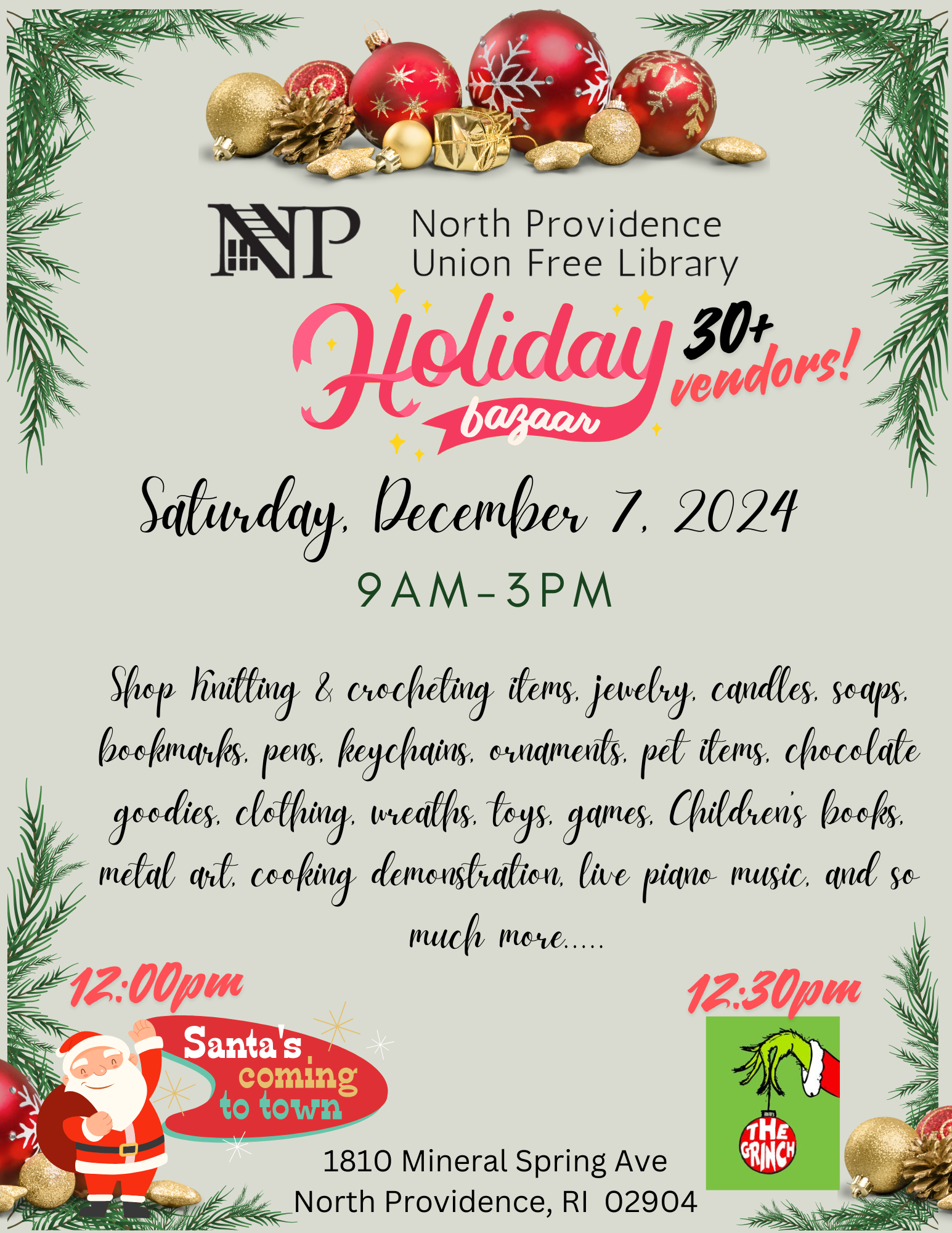 North Providence Union Free Library Holiday Bazaar Saturday, December 2nd 9:00am until 3:00pm