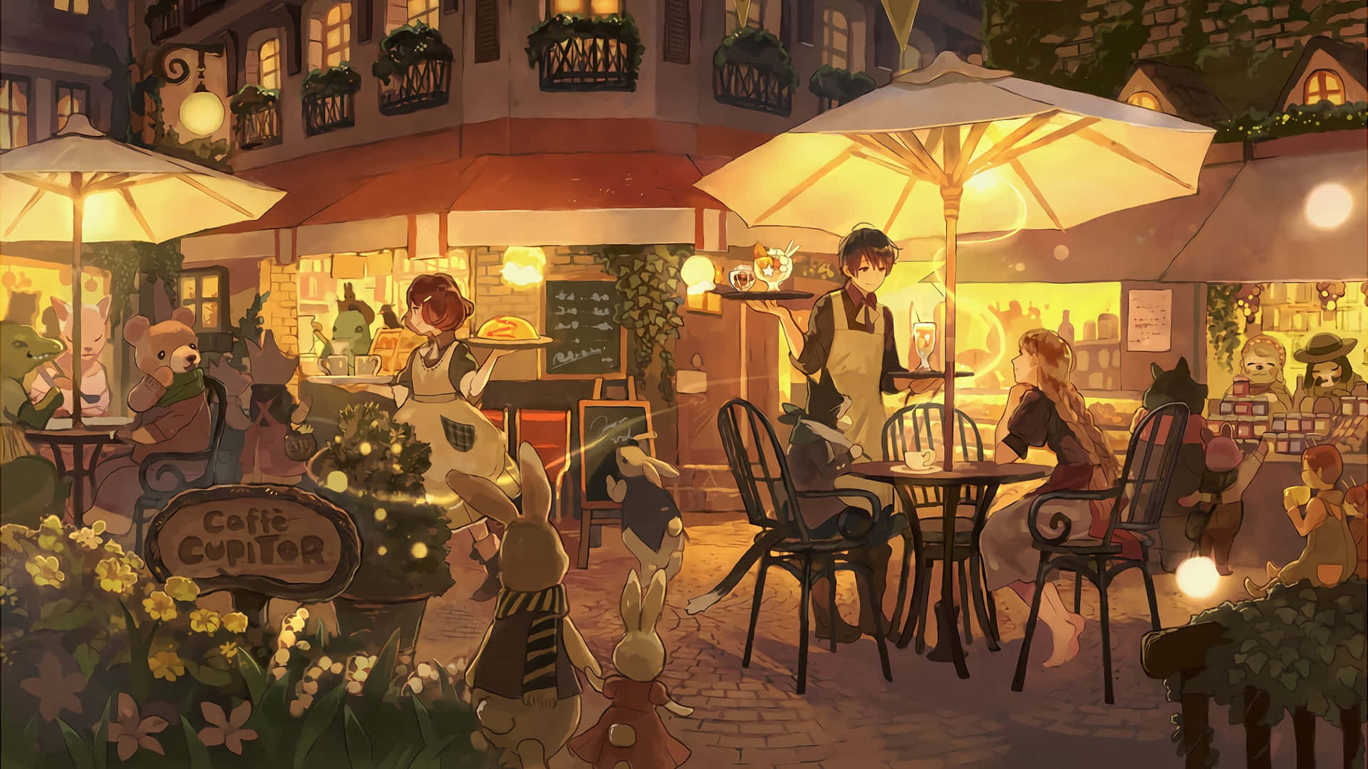 A warmly lit, anime style cafe. 