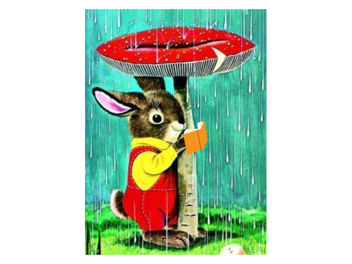 Bunny sitting under a mushroom in the rain reading.