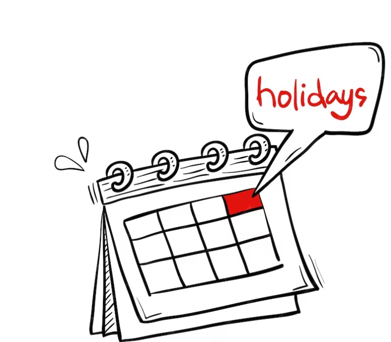 A flip calendar with the word "holiday" in a cartoon bubble coming from a red square on the page to indicate a holiday's date.