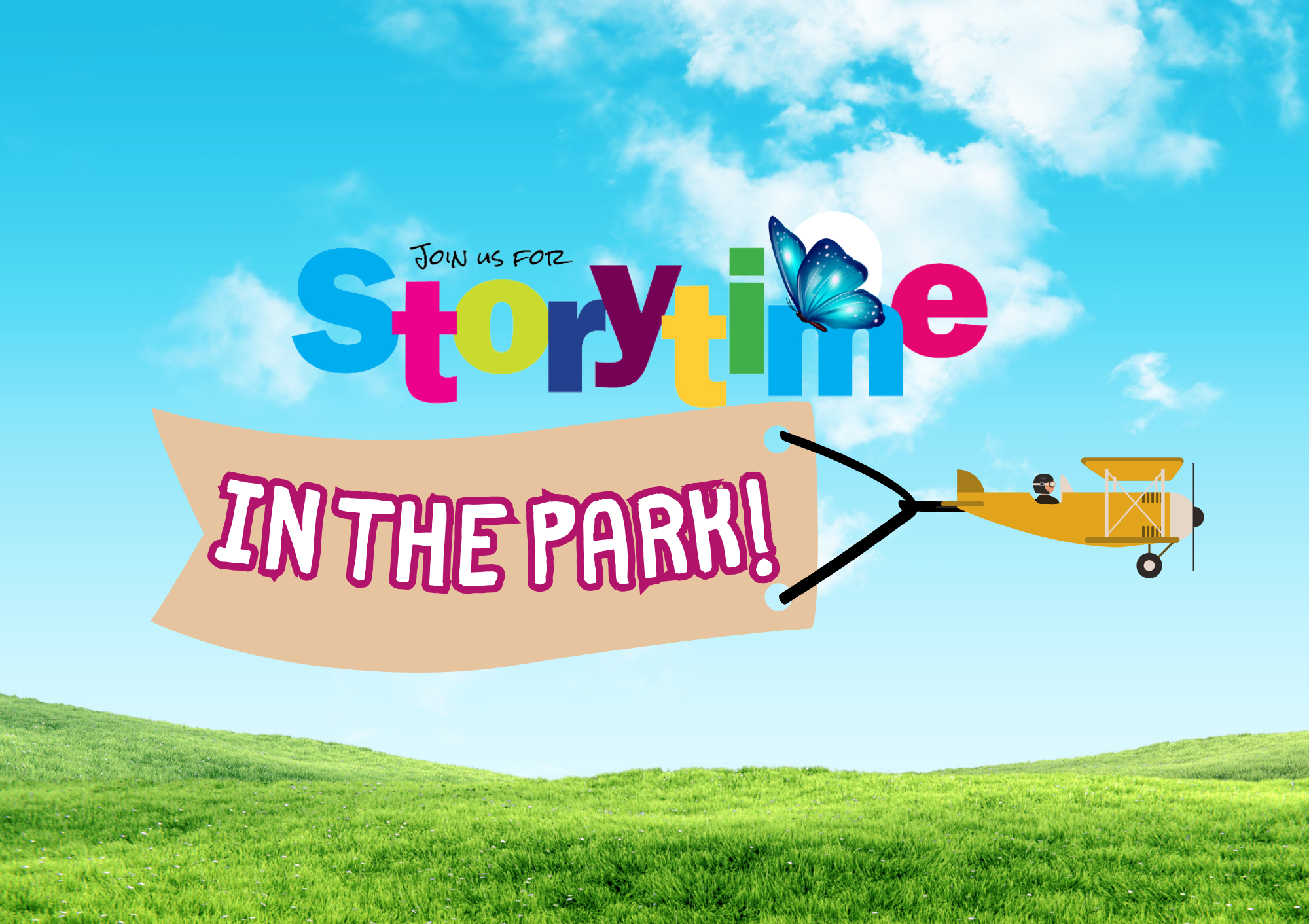 Plane flying banner saying "Storytime in the Park!"