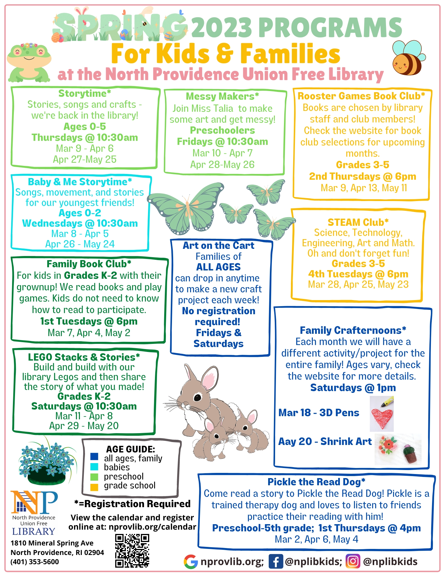 Flyer for Spring 2023 programs for kids and families