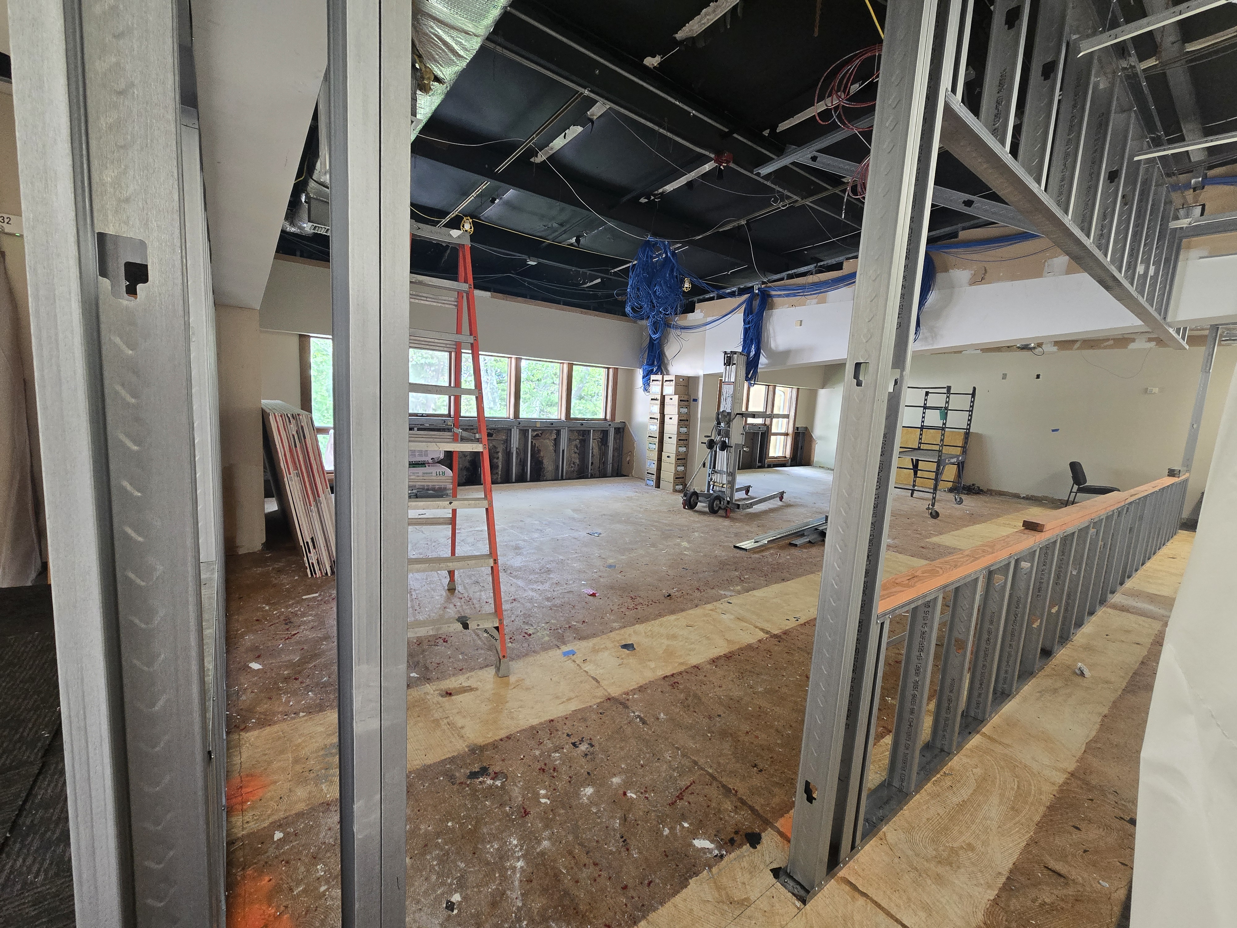 Classroom area now has beams in place for walls and doorway.