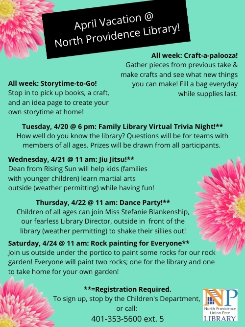 Flyer for April Vacation programs at the library