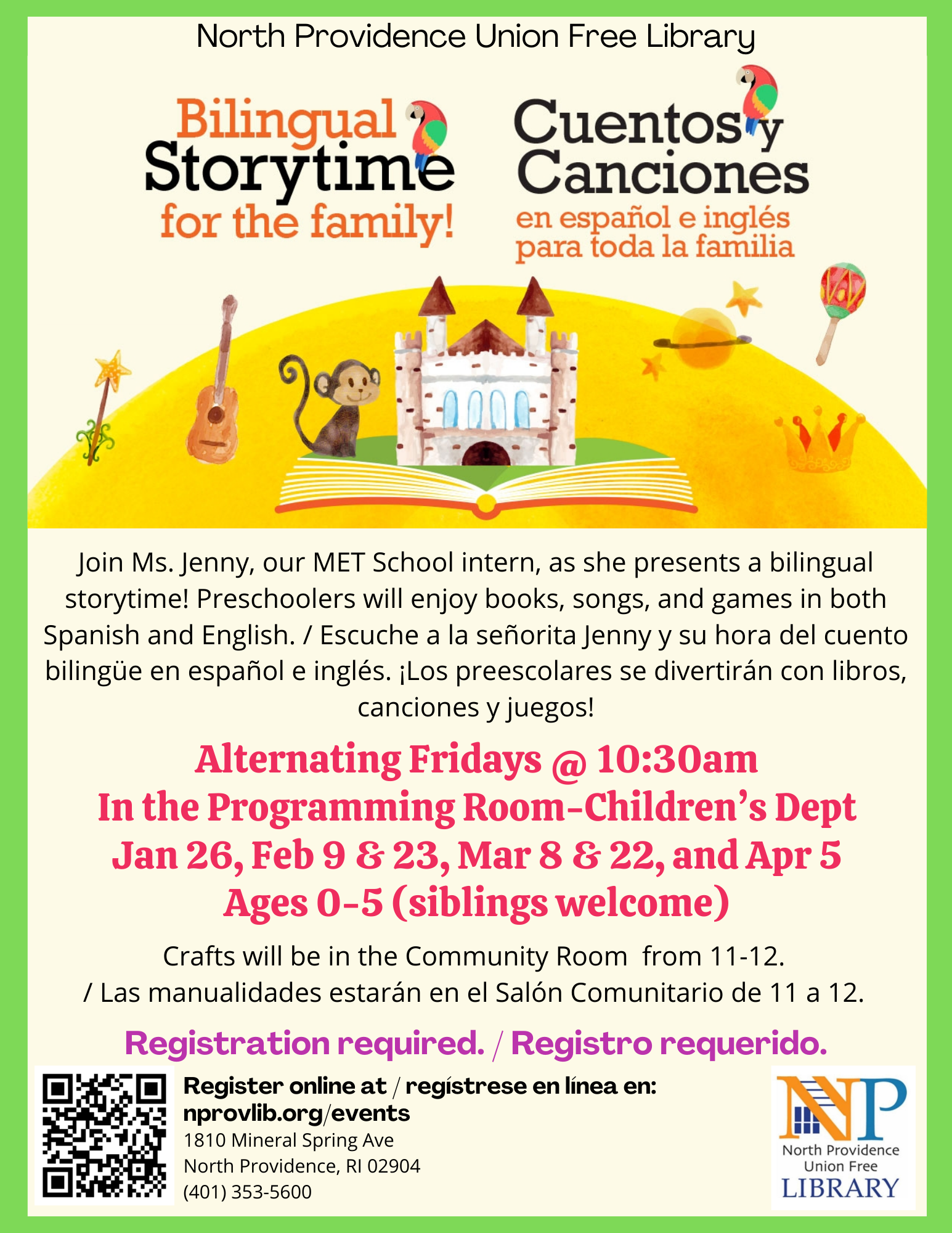 Join Ms. Jenny for a bilingual story time every other Friday beginning on January 26th.