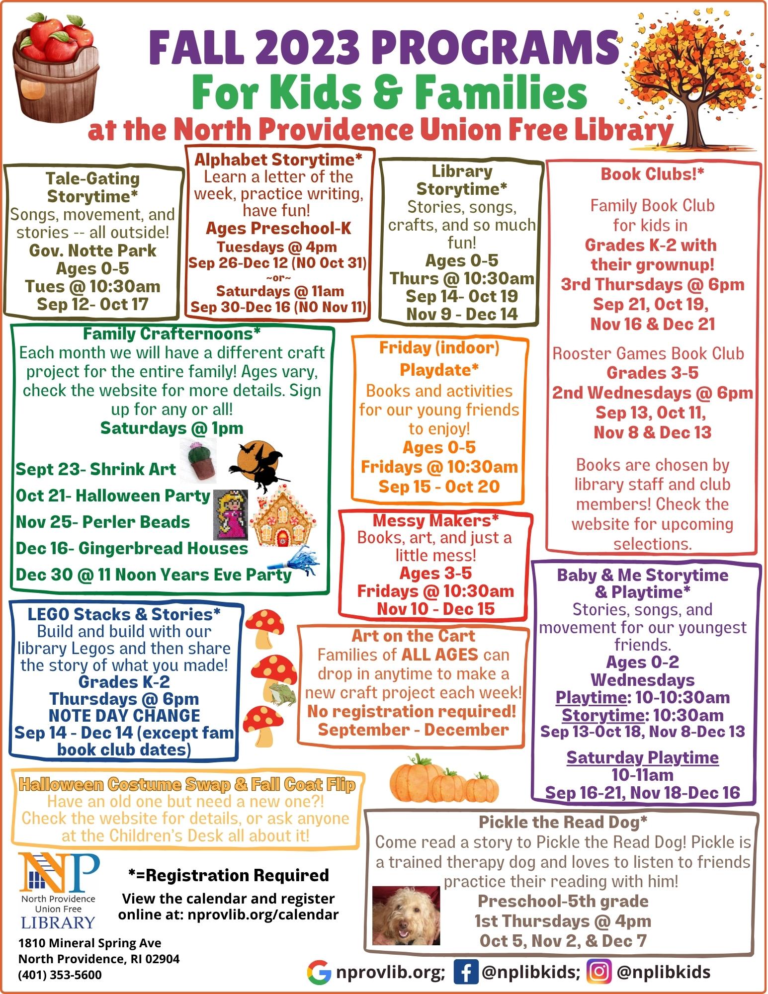 Flyer listing all of the programs for fall of 2023 for kids and families.