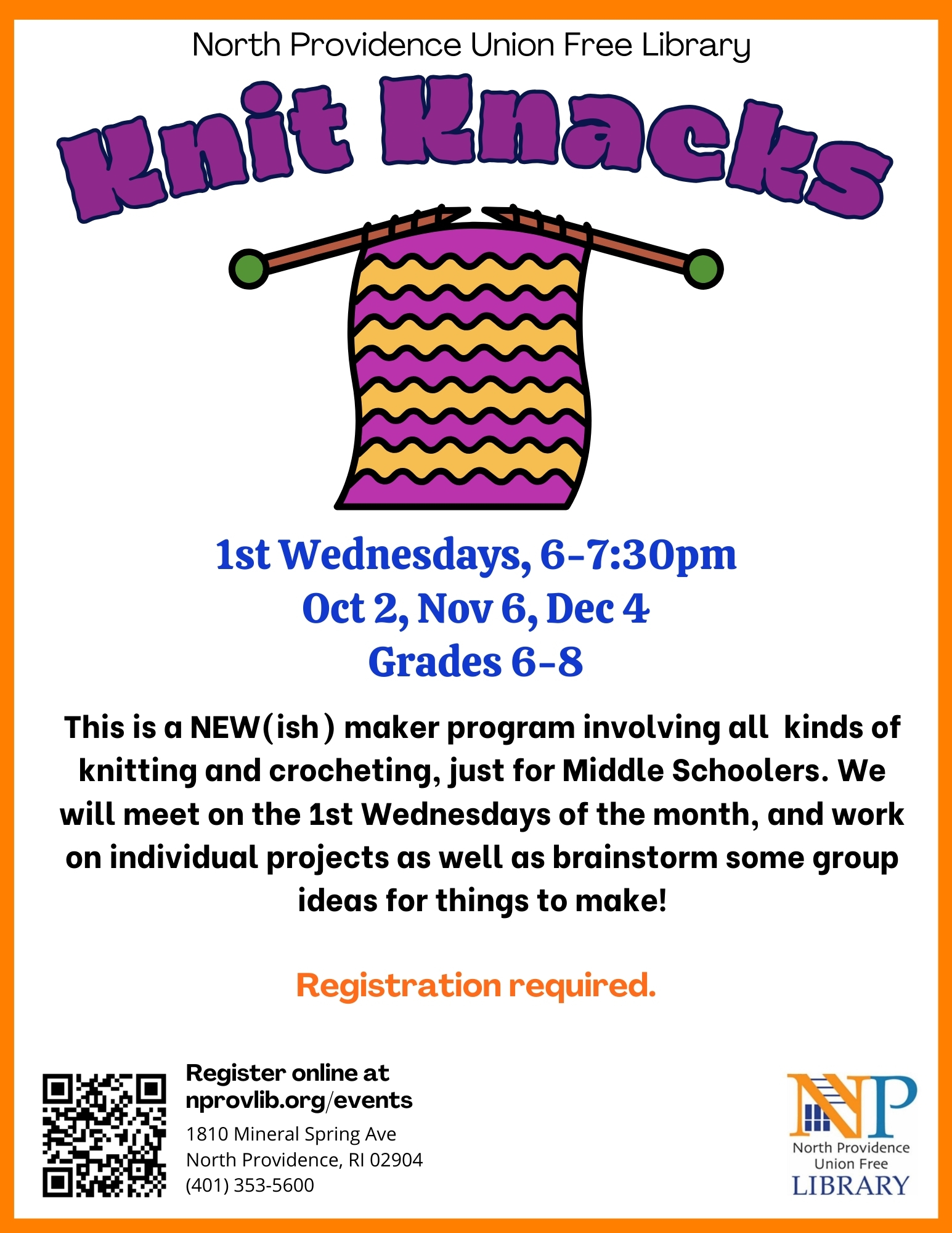 Flyer for Knit Knacks program.