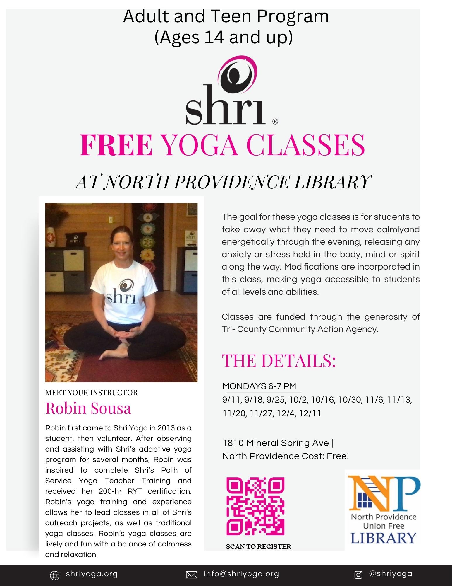 Flyer with information about Shri Yoga on Monday nights this fall.