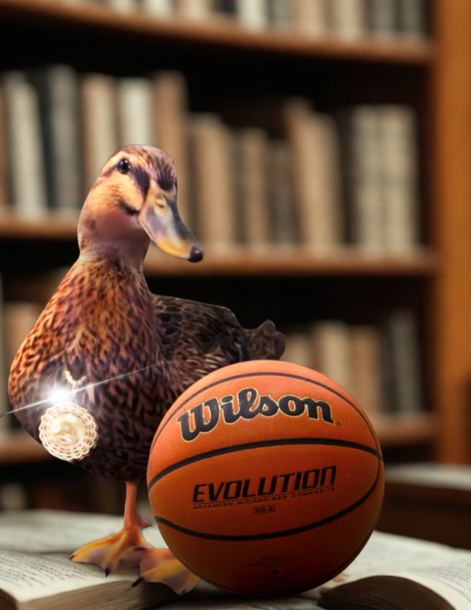 a duck poses with a basketball in front of book shelves