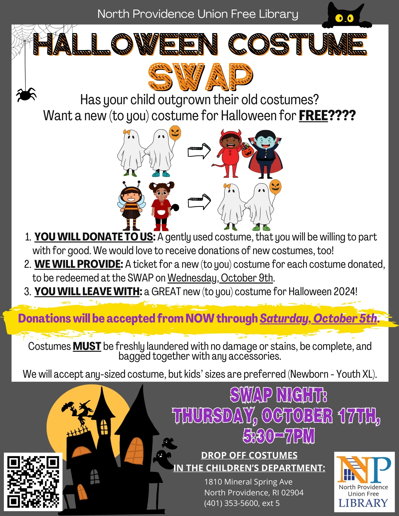 Flyer describing our Halloween Costume Swap taking place Thursday, October 17 from 6-7:30pm