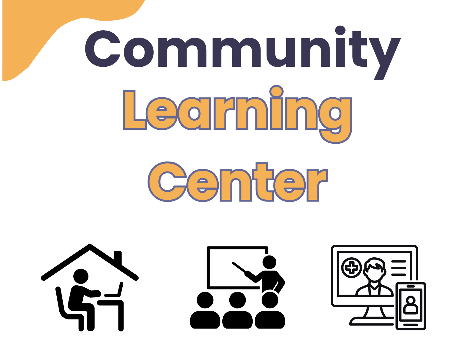 Community Learning Center with icons for learning, work, and health