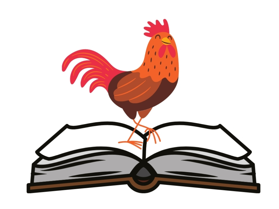 picture of a rooster sitting on a book, the Rooster Games Book Club logo.