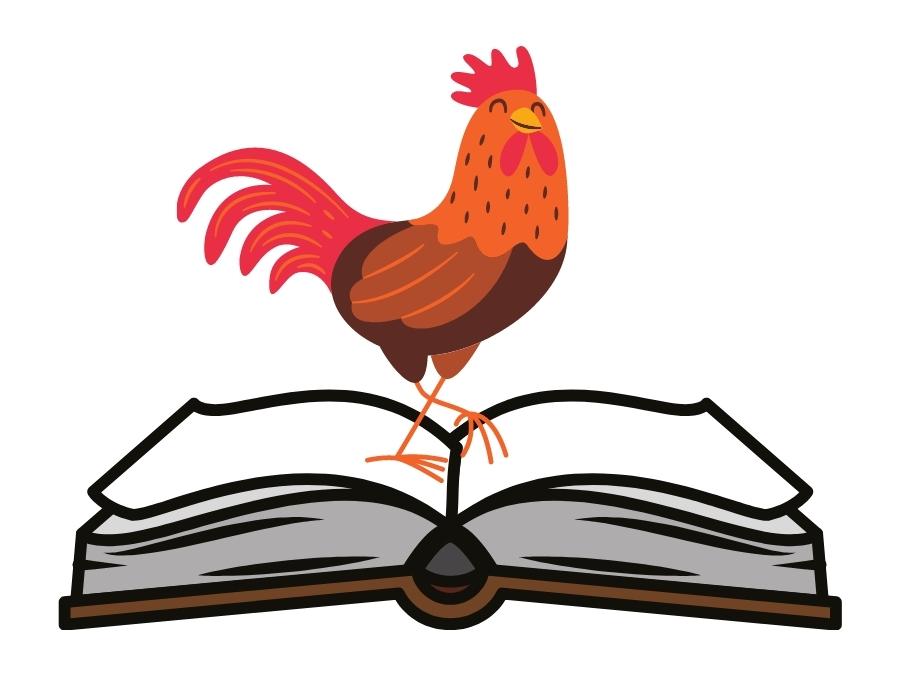 Rooster standing on a book