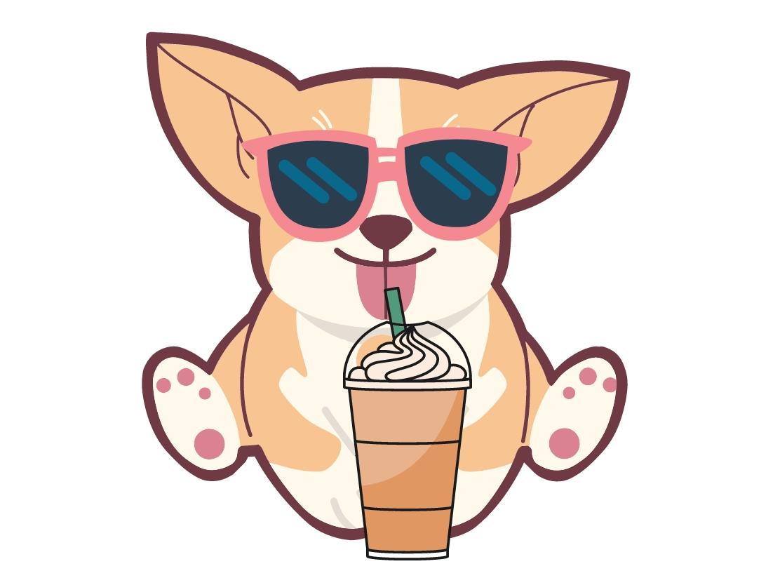 Puppy drinking a coffee wearing sunglasses.