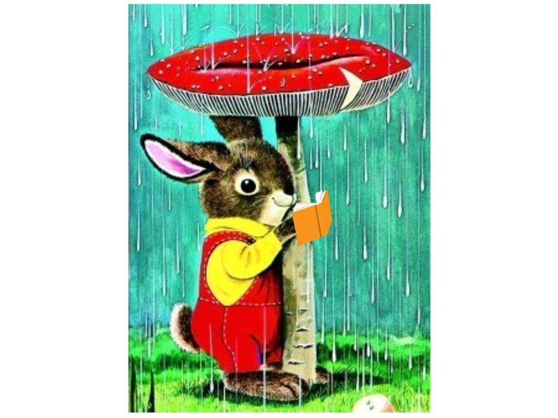 Bunny sitting under a mushroom in the rain reading.