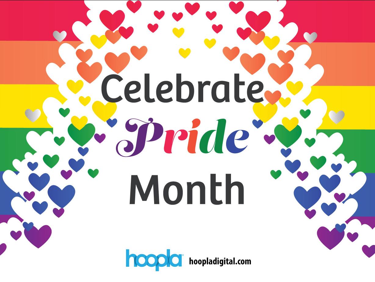 Rainbow flag with rainbow hearts "Celebrate Pride  Month."