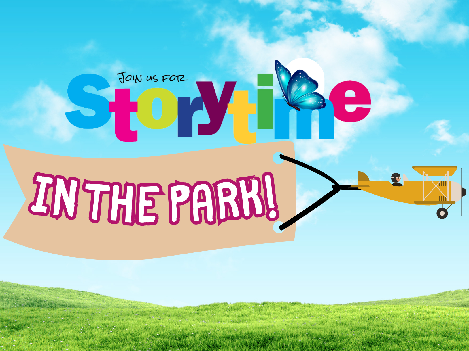 Plane flying banner saying "Storytime in the Park!"