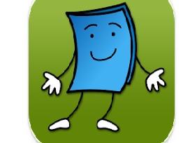 blue book with arms, legs, eyes, and smiley face against a green background (Tumblebooks logo)