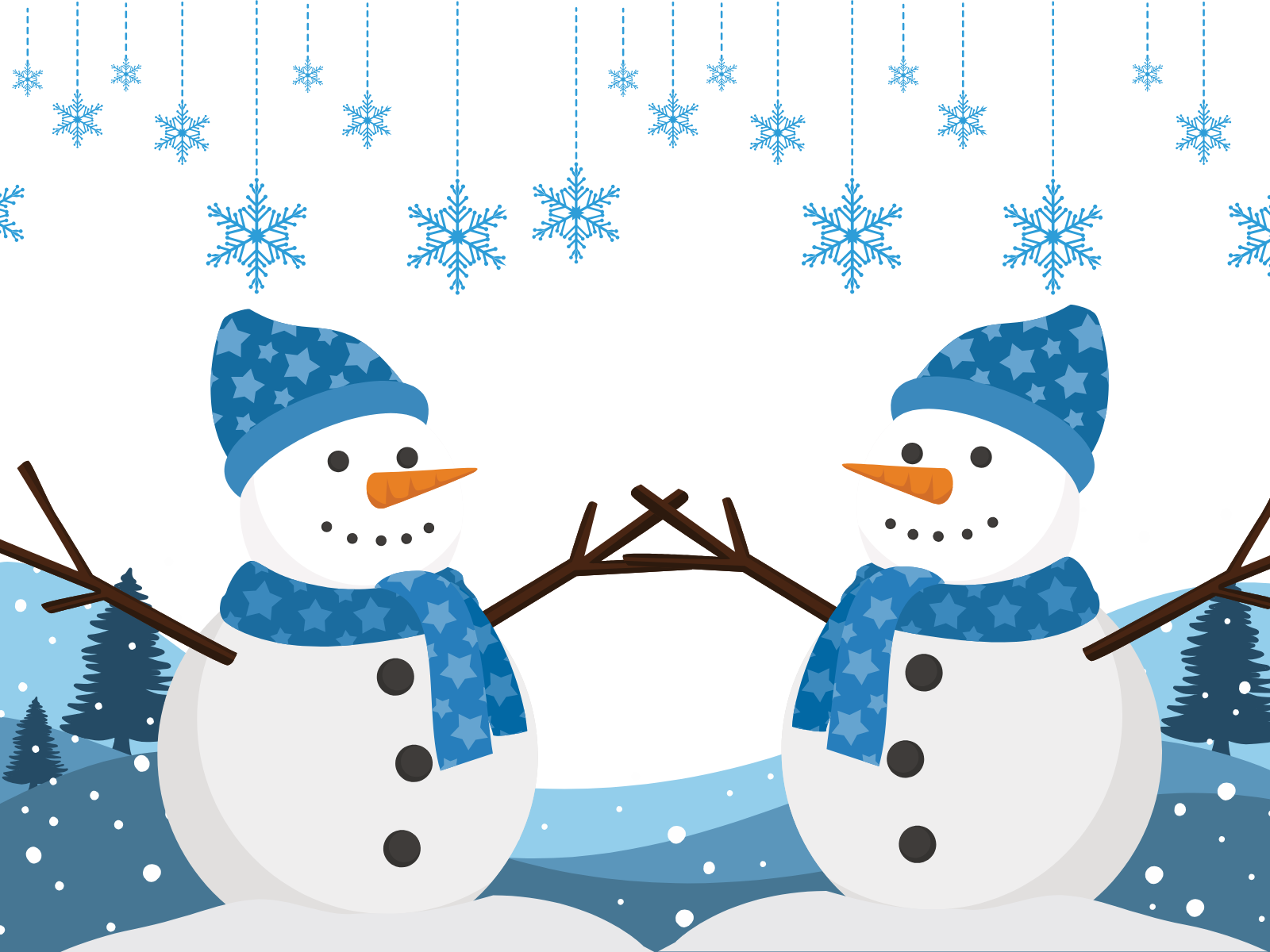 Two snowmen in a winter scene.